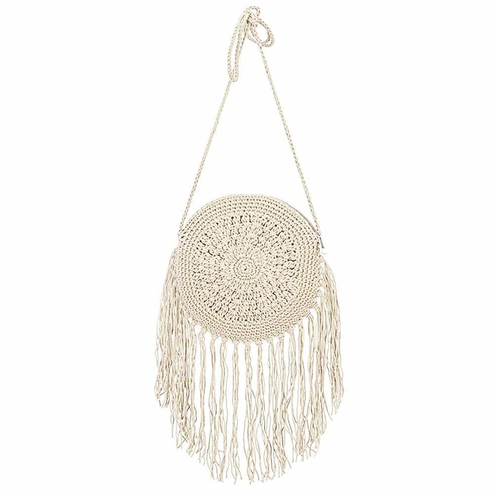 Mini Fringed Round Cotton Crochet Cross-Body Shoulder Bag Bohemian :<